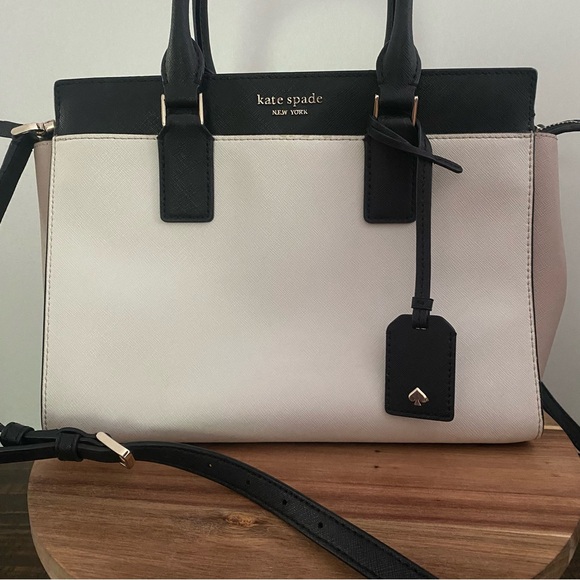 KATE SPADE NY Medium Cameron Tri Color Satchel Handbag Black White Beige NWOT - Picture 1 of 8